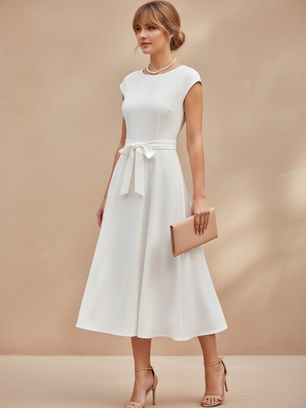 Dress Tells Fit and Flare Dress Womens Medium White Excellent Bow Cap Sleeve